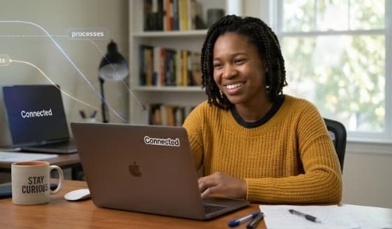The same employee smiling at her laptop, with Connected open