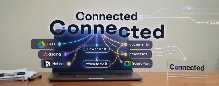 Files, tasks, documents, processes and meetings flowing into Connected on a laptop